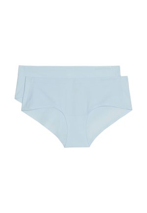 Twee naadloze lichtblauwe hipsteronderbroeken voor dames, opgestapeld en weergegeven op een witte achtergrond.