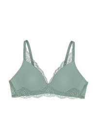 Reggiseno verde in pizzo con spalline regolabili, caratterizzato da una base in tessuto morbido e dettagli in pizzo ondulato lungo i bordi.