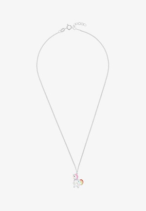 Collana in catena d'argento con un piccolo ciondolo a forma di unicorno con criniera rosa, cuore blu e coda arcobaleno.