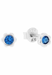 Orecchini a bottone in argento sterling a forma di fiori con centri di cristallo blu. Presentano una finitura lucida e chiusure a farfalla sicure.