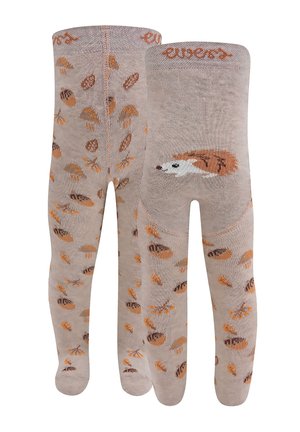 Collants beiges avec un motif intégral de glands marron et un hérisson brodé. Matière en tricot douce avec un ajustement confortable.