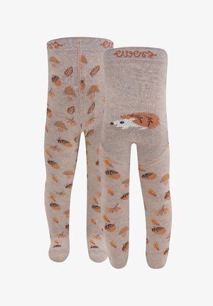 Beżowe rajstopy z całkowitym wzorem brązowych żołędzi i wyszytym jeżem. Wykonane z miękkiego dzianinowego materiału, zapewniają komfortowy fason.