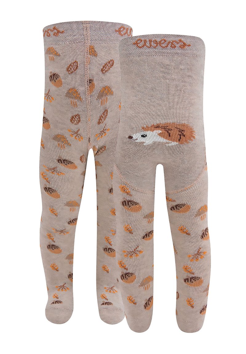 Beżowe rajstopy z całkowitym wzorem brązowych żołędzi i wyszytym jeżem. Wykonane z miękkiego dzianinowego materiału, zapewniają komfortowy fason.