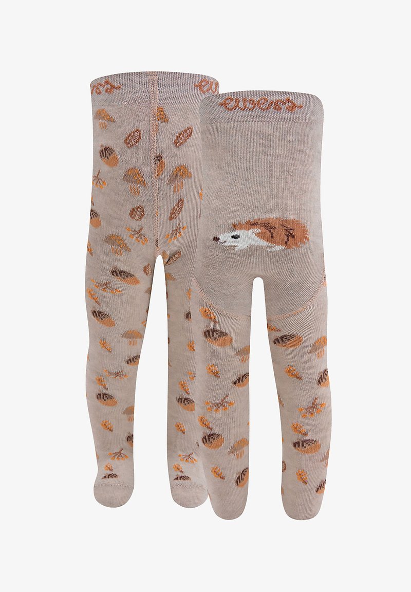 Beżowe rajstopy z całkowitym wzorem brązowych żołędzi i wyszytym jeżem. Wykonane z miękkiego dzianinowego materiału, zapewniają komfortowy fason.