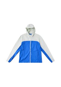 Leichte Jacke mit blauem Körper und weißen Ärmeln. Verfügt über eine Kapuze, einen Frontreißverschluss und Seitentaschen. Glatte Textur und sportliches Design.