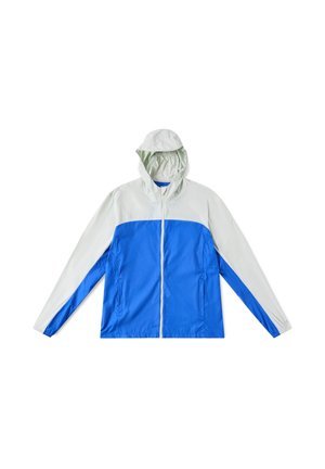 Lightweight jacket with a blue body and white sleeves. Features a hood, front zipper, and side pockets. Smooth texture and sporty design.