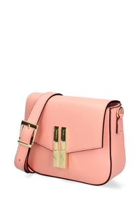 Piccola borsa a tracolla in pelle rosa con fermaglio rettangolare dorato e tracolla regolabile, mostrata su uno sfondo bianco.