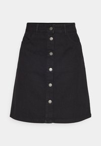 Zwarte denim rok met een verticale knoopsluiting en vijf zakken. Heeft een rechte pasvorm en zoom, gemaakt van stevige katoen.