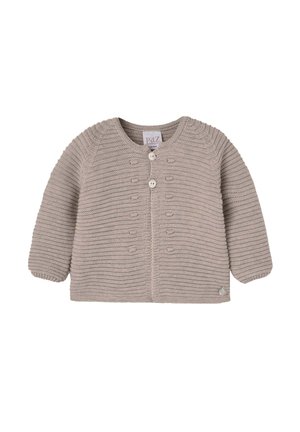 Cardigan bébé beige en maille avec manches longues, encolure ronde, deux boutons devant et motif côtelé horizontal texturé.
