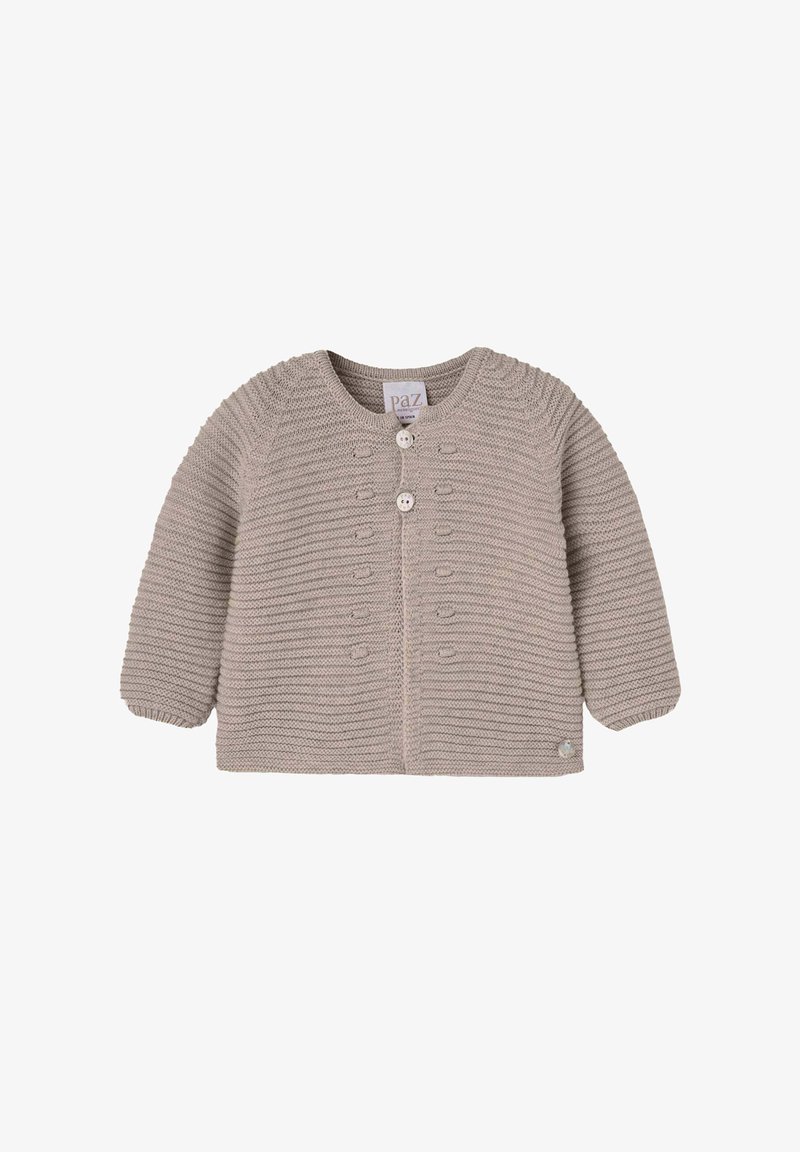 Cardigan bébé beige en maille avec manches longues, encolure ronde, deux boutons devant et motif côtelé horizontal texturé.