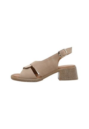 Sandale beige pour femme à bout ouvert avec bride de cheville ajustable, talon bloc moyen et semelle texturée.