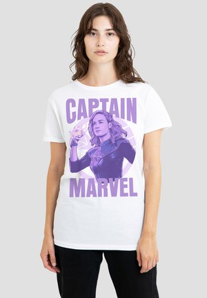 White cotton t-shirt featuring a purple graphic of a female character holding energy blasts, with "CAPTAIN MARVEL" printed below in bold letters.