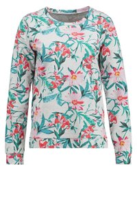 Sudadera floral en gris claro con patrones vibrantes de flores rojas y rosas, hojas verdes, cuello redondo, mangas largas y puños acanalados.
