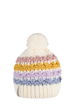 Knit beanie with a cream base, featuring horizontal stripes in pink, yellow, lavender, and light blue. Finished with a fluffy pom-pom.