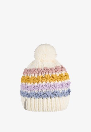 Knit beanie with a cream base, featuring horizontal stripes in pink, yellow, lavender, and light blue. Finished with a fluffy pom-pom.