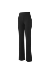 Black, flared trousers made from soft, stretchy fabric. Features a high waist and smooth texture with no visible embellishments or pockets.