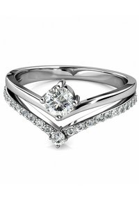 Silberfarbene Ring-Set mit einem auffälligen runden Diamanten in der Mitte, akzentuiert von kleineren Diamanten entlang eines gewundenen Ringdesigns.