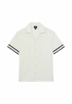 Wit shirt met korte mouwen en een gestructureerd patroon, zwarte strepen op de mouwen en een uitgesneden kraag. Voorzien van vijf knopen aan de voorkant.