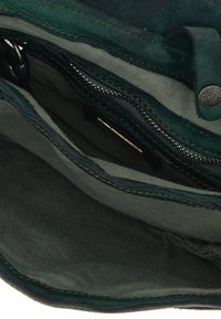 Interno di una borsa a tracolla in pelle verde scuro con molteplici scomparti, finitura strutturata e rivestimento beige a contrasto. Presenta una tasca con cerniera e dettagli in metallo.