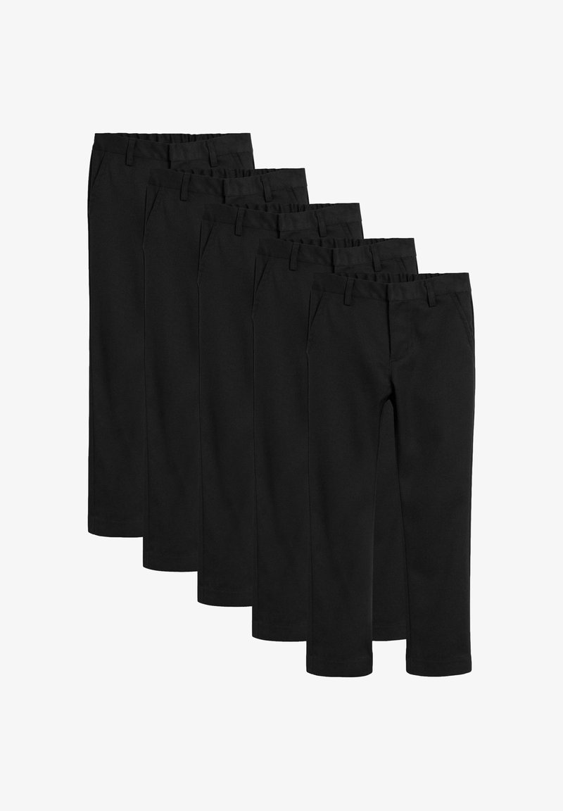 Cinq paires de pantalons noirs à jambes droites disposées en chevauchement, montrant l'avant et les passants de ceinture sur fond blanc.
