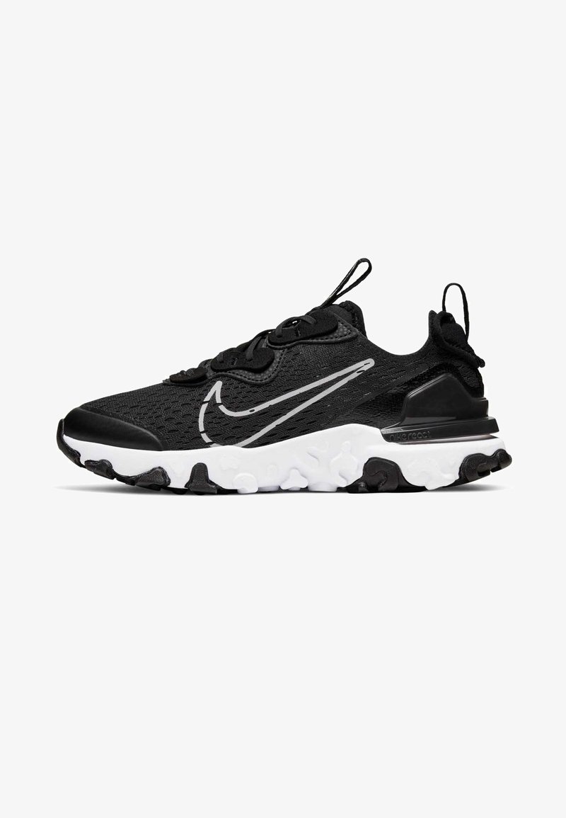 Black athletic sneaker with a textured mesh upper, white midsole, and prominent black rubber outsole. Features a silver Nike swoosh logo.