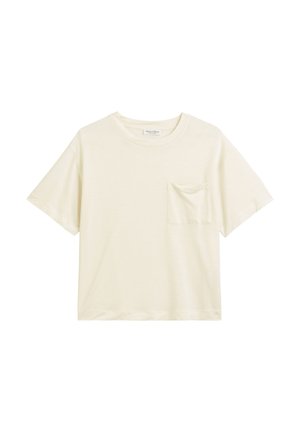 Cremefarbendes T-Shirt mit kurzen Ärmeln, Rundhalsausschnitt und kleiner Brusttasche. Weicher Stoff, lockere Passform und schlichtes Design.