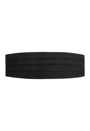 Sort stoffhovedbånd med en flad, forlænget form og tre parallelle folder for tekstur. Blødt, glat materiale uden synligt hardware.