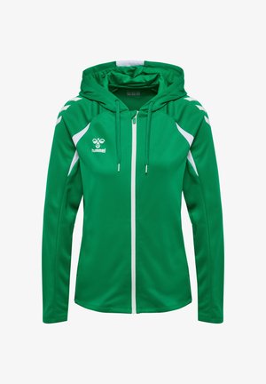 Grüner Sport-Hoodie mit Reißverschluss, weißen Akzenten, Kordelzügen und einem kleinen weißen Hummel-Logo auf der linken Brust.