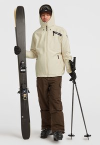 Skiequipement bestaat uit een zwarte ski met bindingen, een beige jas, bruine broek en zwarte handschoenen. De skistokken zijn ook zwart met gripdetails.