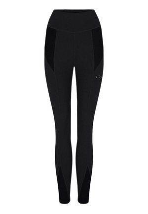 Svarte leggings med høyt liv, med teksturerte sidelapper og tettsittende passform. Glatt stoff med et stilrent design og subtil logo-detalj.