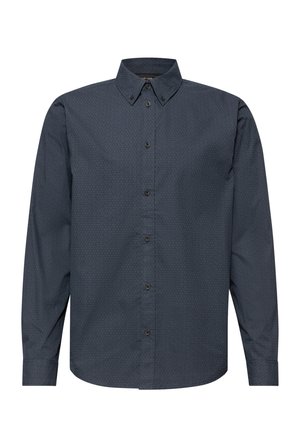 Dunkelblaues langärmeliges Hemd mit Knopfleiste, dezentem geometrischem Muster und Button-Down-Kragen, flach auf weißem Hintergrund gelegt.