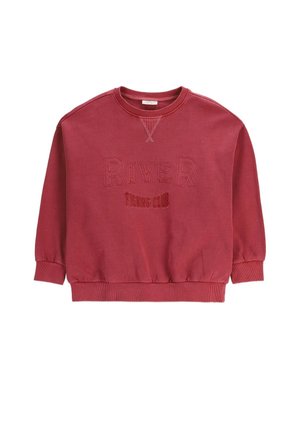 Czerwona bluza z długim rękawem, z dzianinowymi ściągaczami przy mankietach i u dołu, z wytłoczonym napisem "RIVER Fishing Club" na przodzie.