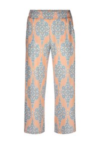 Wijdvallende broek van licht perzik stof met een blauw bloemenpatroon. Elastische tailleband voor comfort. Soepele textuur, verkorte lengte.
