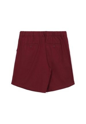 Weinrote Shorts mit elastischem Bund, zwei Gesäßtaschen mit Knöpfen und einem lockeren Schnitt. Der Stoff wirkt glatt und leicht.