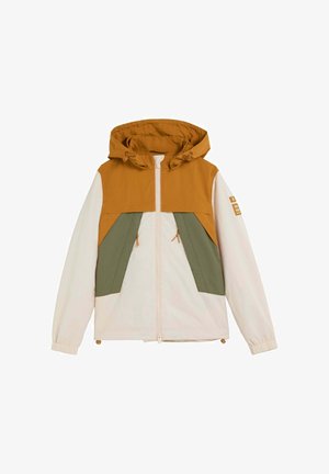 Chaqueta con capucha de bloques de color en mostaza, verde oliva y crema, con cremallera frontal, puños elásticos y bolsillos laterales.