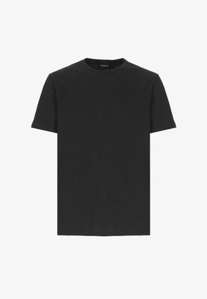 T-shirt nera a maniche corte realizzata in un morbido tessuto di cotone. Presenta un colletto rotondo e un sottile dettaglio del logo sul petto.