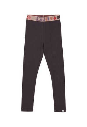 Dunkelgestreifte Leggings mit einem mehrfarbigen elastischen Taillenbund, der Herz- und Regenbogenmuster aufweist, sowie einem kleinen weißen Etikett nahe dem Saum.