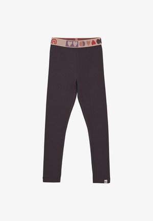 Donkere geribde leggings met een multicolore elastische tailleband met hart- en regenboogpatronen en een klein wit label nabij de zoom.