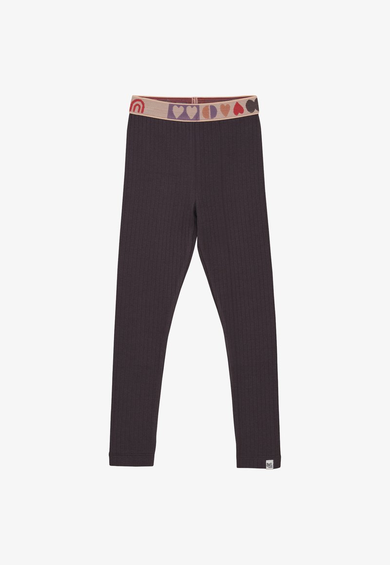 Dunkelgestreifte Leggings mit einem mehrfarbigen elastischen Taillenbund, der Herz- und Regenbogenmuster aufweist, sowie einem kleinen weißen Etikett nahe dem Saum.