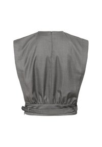 Top senza maniche grigio, tessuto con texture, con vita arricciata e scollo tondo. Presenta una cerniera centrale sul retro e un design delle spalle strutturato.
