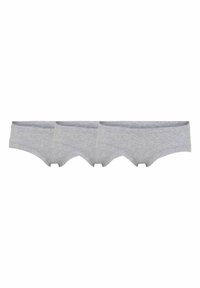 Pakke med tre grå bomulds hipster trusser med en glat tekstur, bred elastisk talje, og en lavtaljet skæring, der har et enkelt, sømløst design.