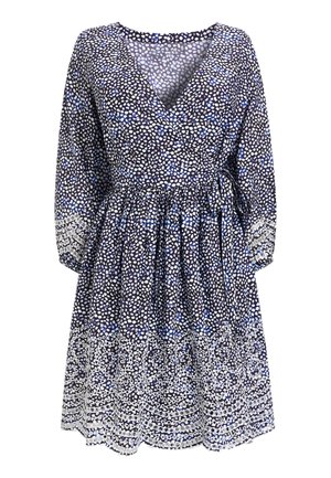 Wrap dress with long sleeves, black background with white and blue irregular dots, white scalloped lace detail on cuffs and hem.
