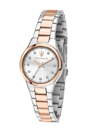 Zweifarbige Silber- und Roségold-Metallarmbanduhr mit rundem weißem Zifferblatt, roségoldfarbenen Zeigern, diamantenen Stundenmarkierungen und Maserati-Logo bei 12 Uhr.