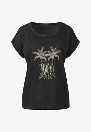 T-shirt nera a maniche corte con una grafica chiara di due elefanti tra palme. Tessuto morbido e leggero con una vestibilità rilassata.