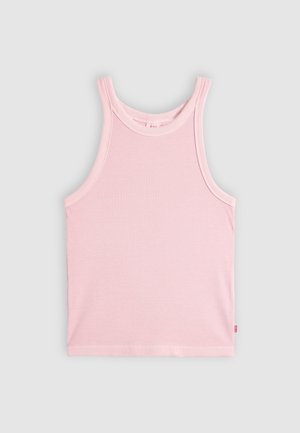 Ροζ ανοιχτό ριμπ αμάνικο τοπ με στρογγυλή λαιμόκοψη, παρουσιάζεται επίπεδο σε γκρι φόντο.