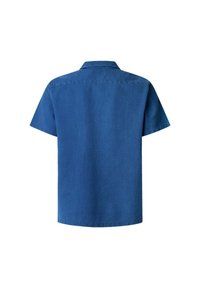 Korte mouwen shirt in effen blauw, vervaardigd uit textuurstof, met een puntige kraag en een rechte pasvorm met een schone achterkant.