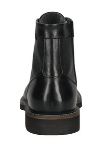 Schwarze Leder-Stiefeletten mit einem strukturierten Stoffeinsatz, glatter Oberfläche, runder Zehenform, seitlichem Reißverschluss und einem braunen Blockabsatz.