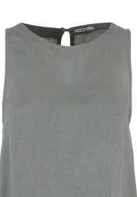 Szary lniany top bez rękawów z okrągłym dekoltem i małym otworem w kształcie klucza z tyłu. Minimalistyczny design i miękka tekstura.