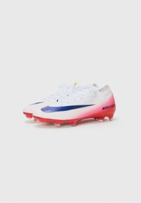 White soccer cleats with blue and pink accents, featuring a sleek design, textured upper, and transparent studs for traction.