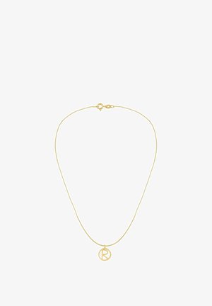 Guldtonet halskæde med en tynd kæde og en rund vedhæng med et stiliseret bogstav "R". Elegant design med glat tekstur.
